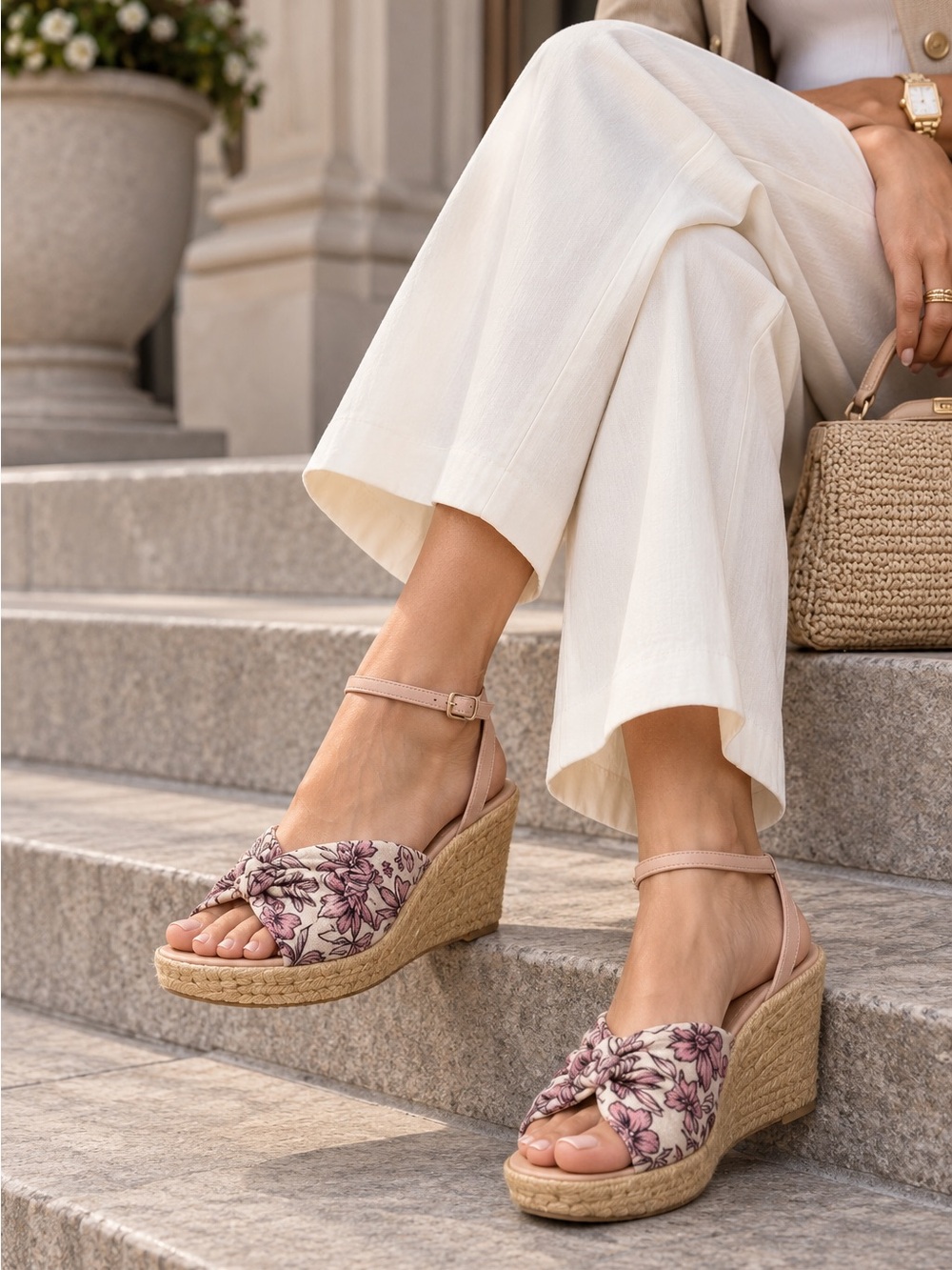 Sam Edelman Aubrey Pink Floral Knot Espadrille Wedges with Ankle Strap Size 5.5